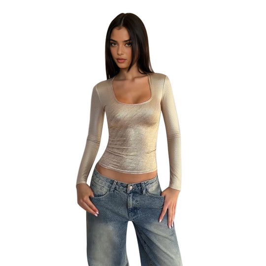 Damen schimmerndes Langarmshirt mit elegantem Rundhalsausschnitt und figurbetontem Schnitt EB