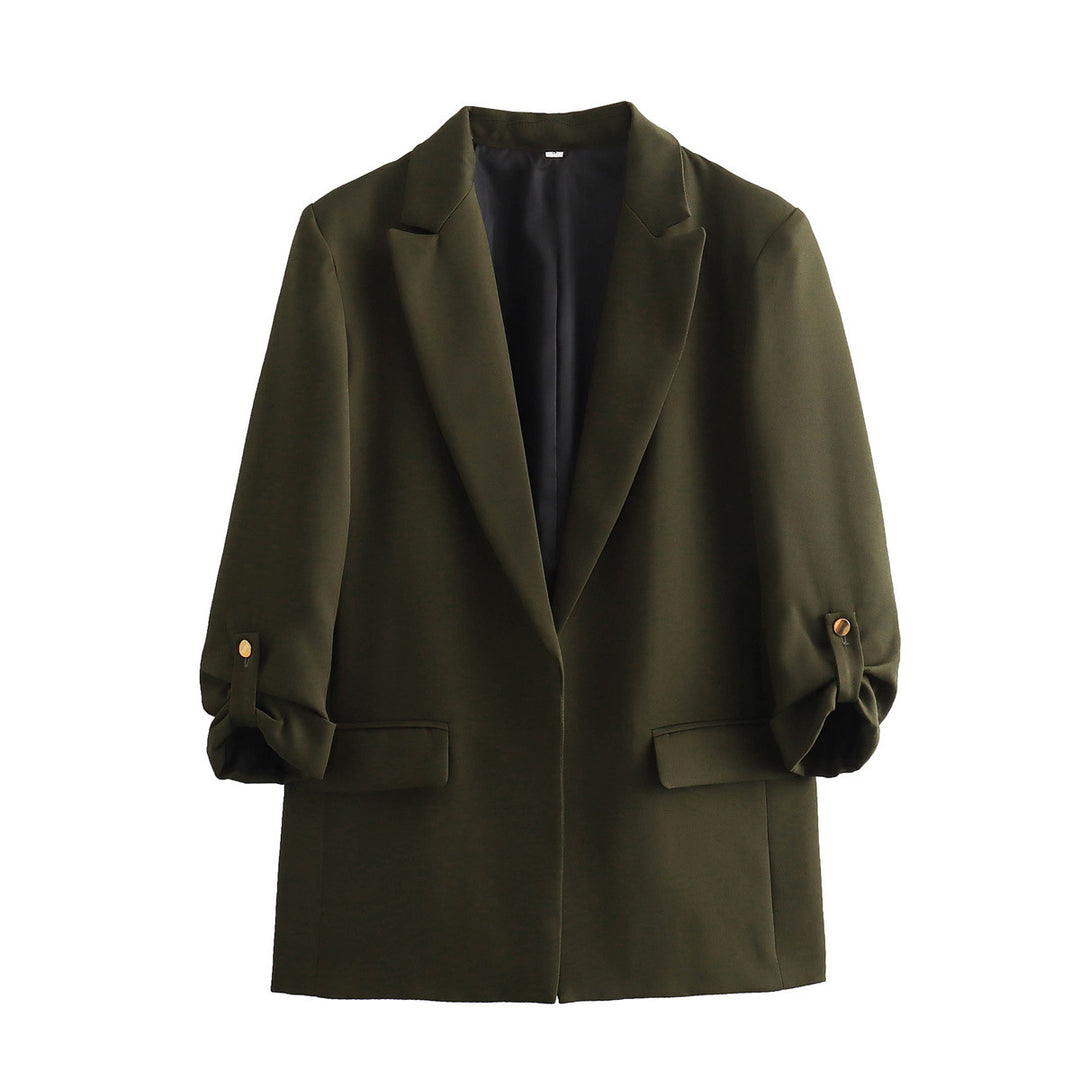 Damen elegante Blazerjacke mit strukturierten Ärmeln und dezenten Goldakzenten EB