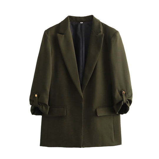 Damen elegante Blazerjacke mit strukturierten Ärmeln und dezenten Goldakzenten EB