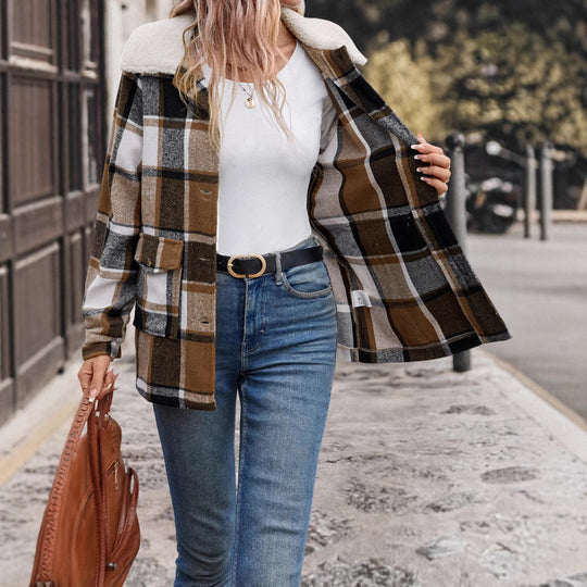 Damen lässige Karojacke mit weichem Innenfutter und praktischen Taschen EB