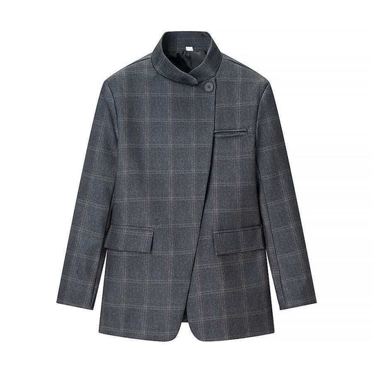 Damen nan taillierter Karo-Mantelblazer mit Stehkragen, asymmetrischer Knopfblende und Pattentaschen EB