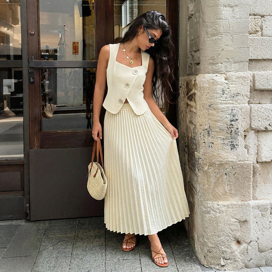 Damen Plissiertes Maxikleid mit elegantem Überwurf EB