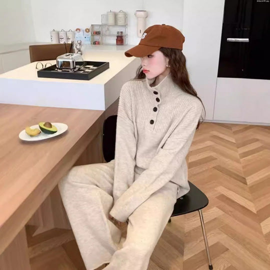 Damen Strickstil-Pullover mit integriertem Kragen und Knopfverschluss EB