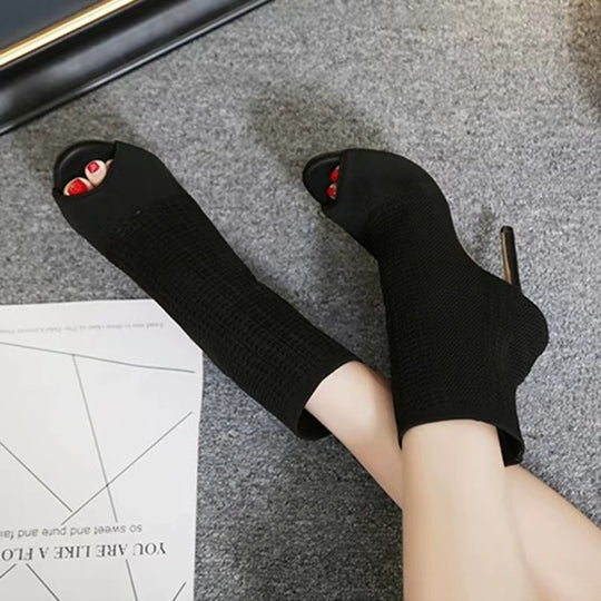 Damen Peep-Toe Stiefeletten aus atmungsaktivem Strickmaterial EB