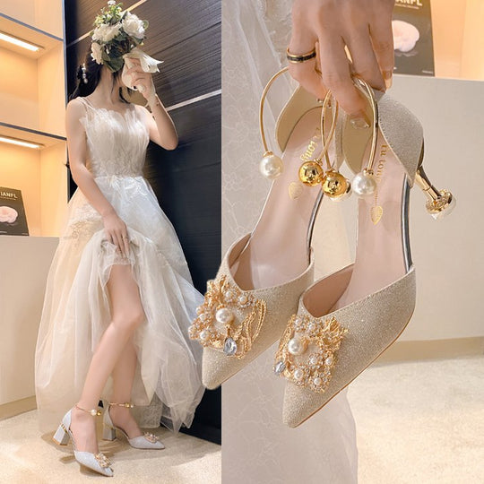 Damen elegante Slingback-Pumps mit luxuriösem Perlenschmuck EB