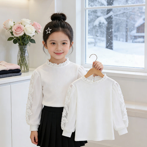 Mädchen elegante Bluse mit Rüschen und bestickten Ärmeln EB