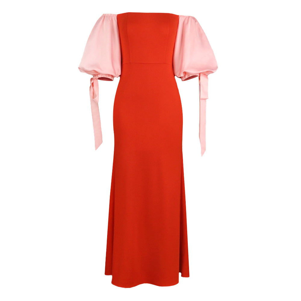 Damen Maxikleid mit schulterfreiem Design und voluminösen Satinärmel EB