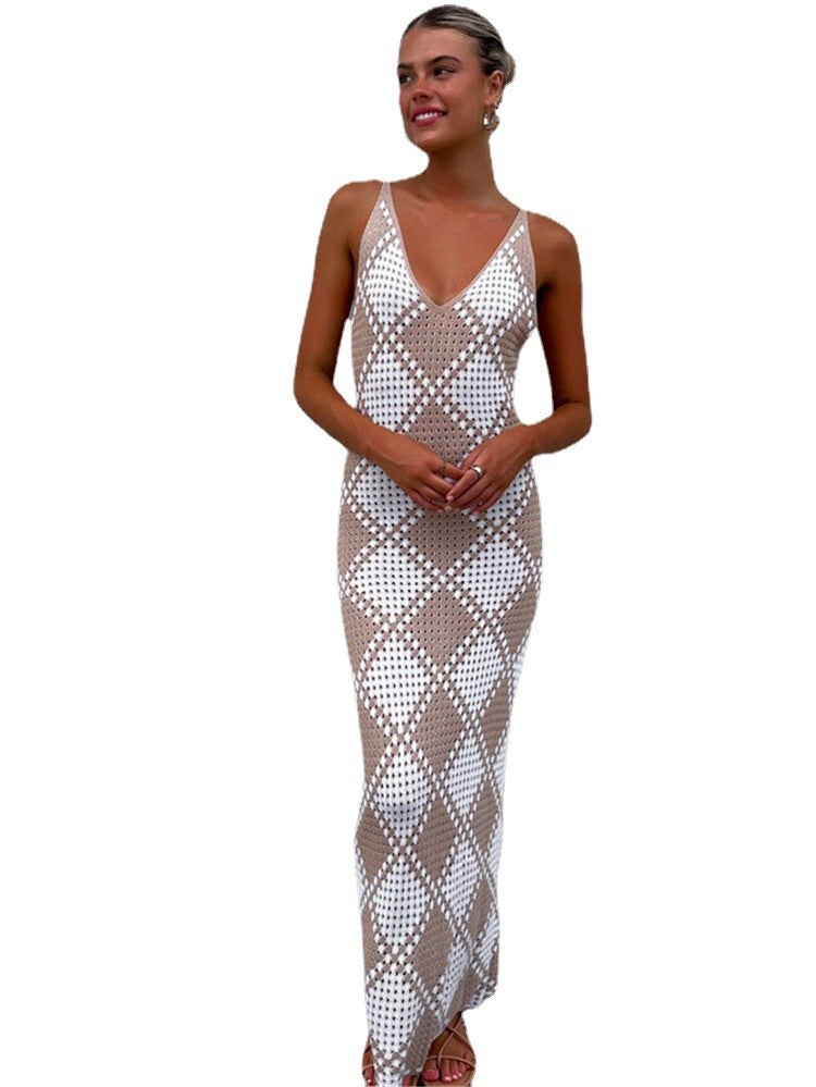 Damen-Maxikleid mit feinem Mesh-Strick und diamantförmigem Muster EB