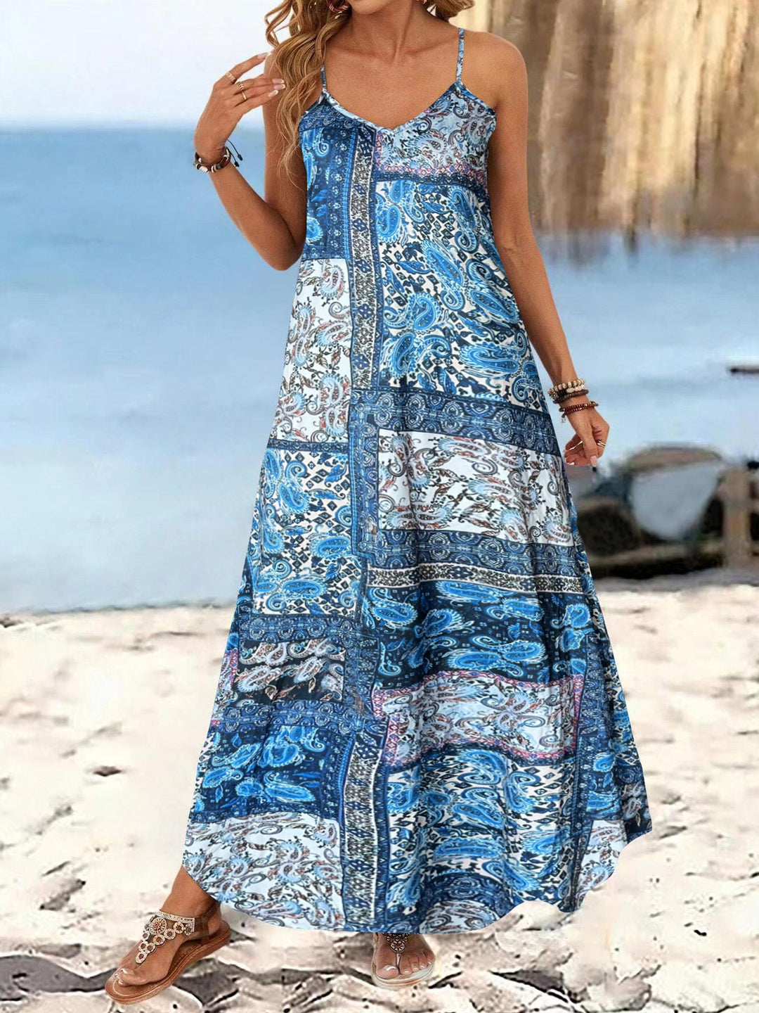 Damen Langärmliges Sommermaxikleid mit floralem Design und Spaghetti-Trägern EB