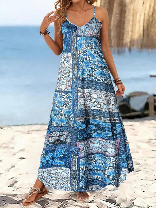 Damen Langärmliges Sommermaxikleid mit floralem Design und Spaghetti-Trägern EB