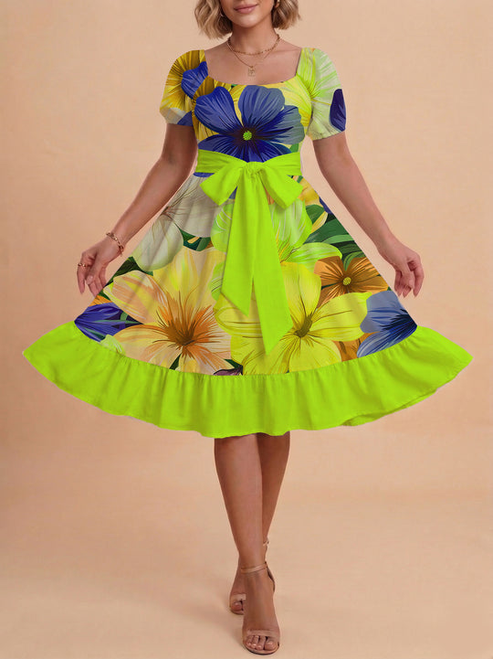 Damen Sommerkleid mit floralem Puffärmel und taillierbarem Gürtel EB