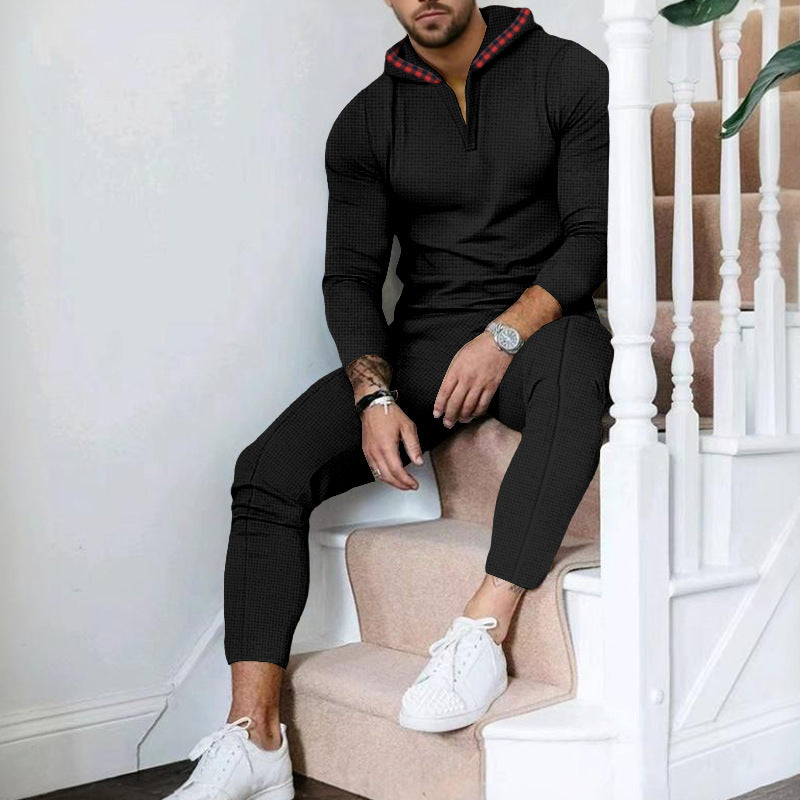 Herren nan Slim-Fit Waffel-Strick Kapuzen-Set mit Halbzip, kontrastgefütterter Kapuze und tapered Jogginghose EB