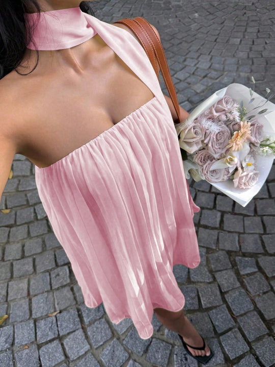 Damen kurzes Sommerkleid mit elegantem Bindegürtel und fließendem Design EB