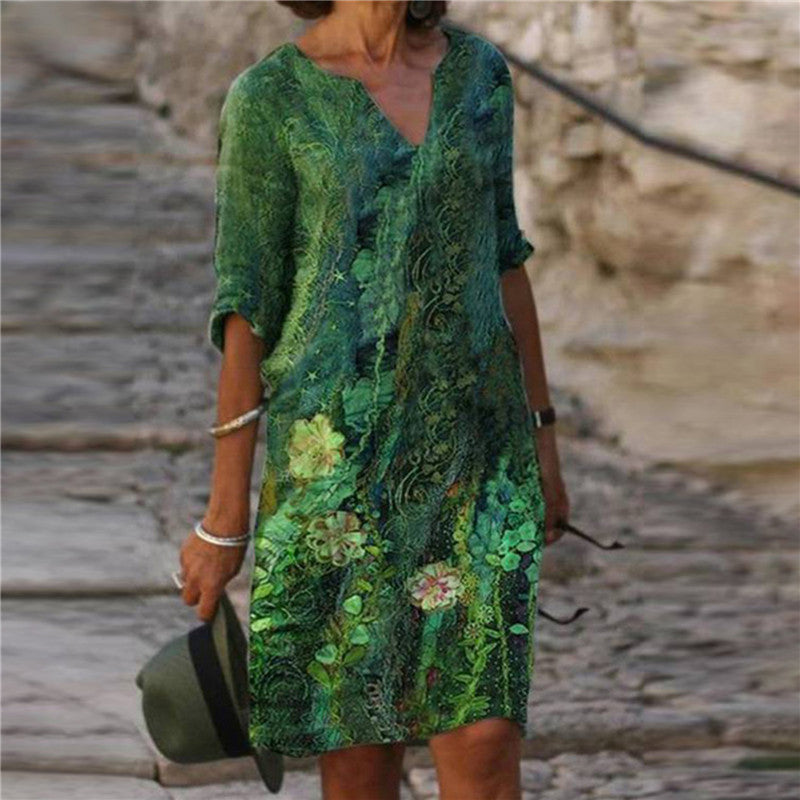 Damen Freizeitkleid mit floralem Design und V-Ausschnitt EB