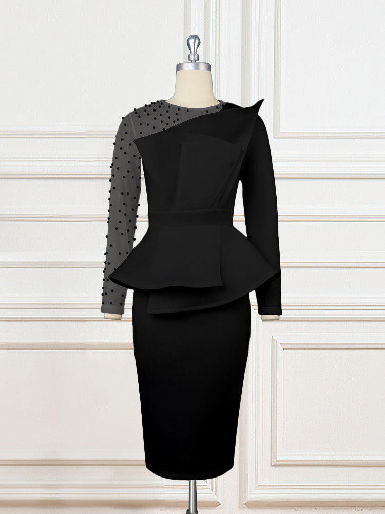 Damen Etuikleid mit transparenten Puffärmeln und dekorativem Peplum EB