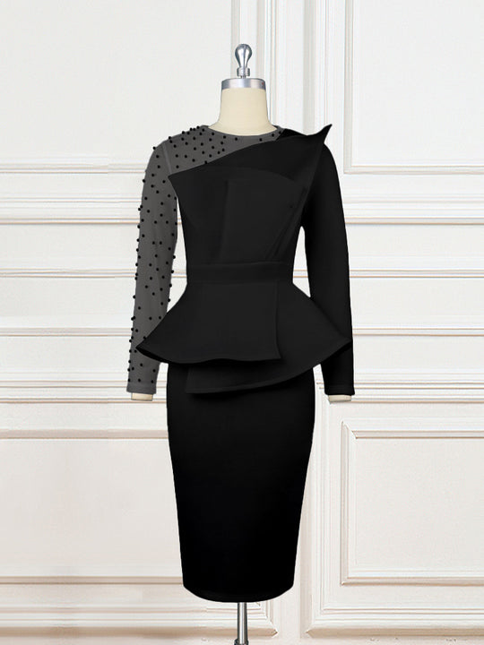 Damen Etuikleid mit transparenten Puffärmeln und dekorativem Peplum EB