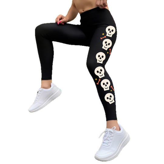 Damen Leggings mit stylischem Totenkopf-Motiv und hohem Bund EB