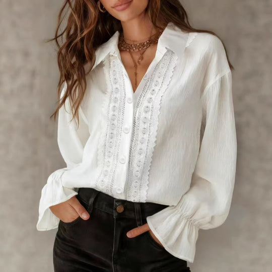 Damen elegante Bluse mit Spitzendetails und Ballonärmeln EB