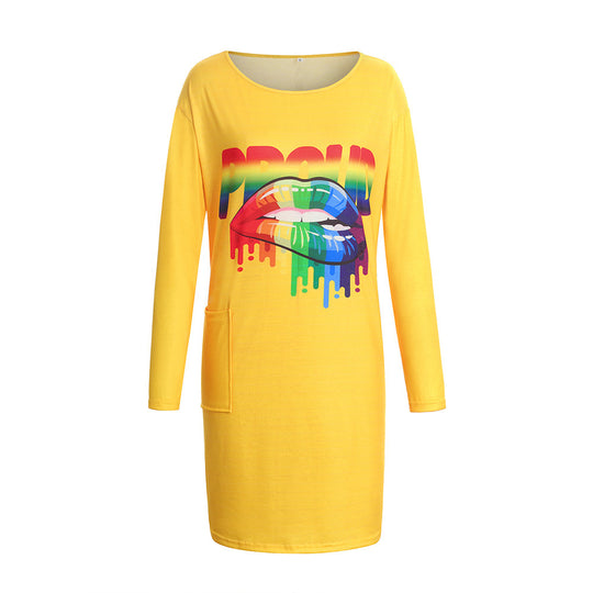 Damen Langarm-Kleid mit trendigem Grafiken-Design und praktischen Taschen EB