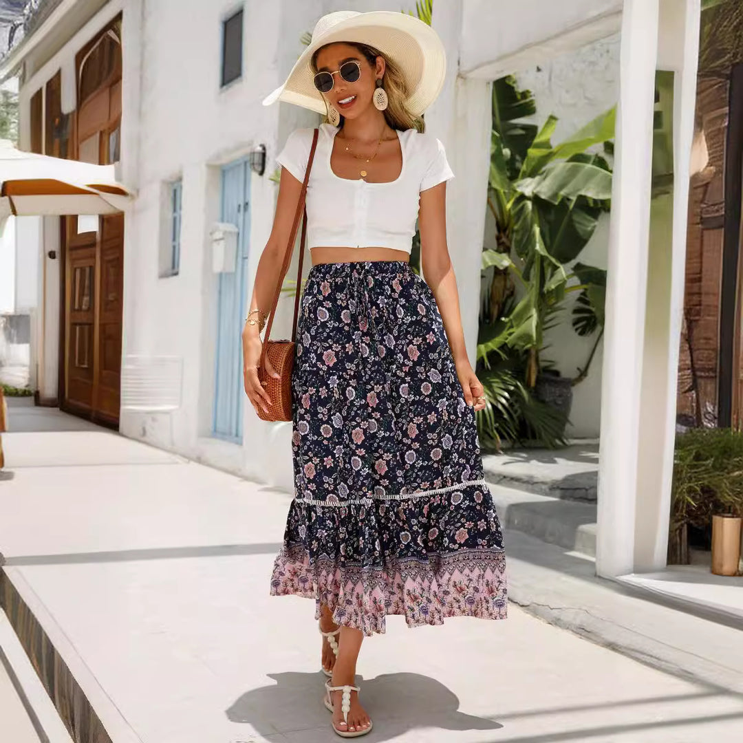 Damen Sommer-Rock mit floralen Mustern und voluminösem Saum EB