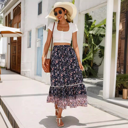 Damen Sommer-Rock mit floralen Mustern und voluminösem Saum EB