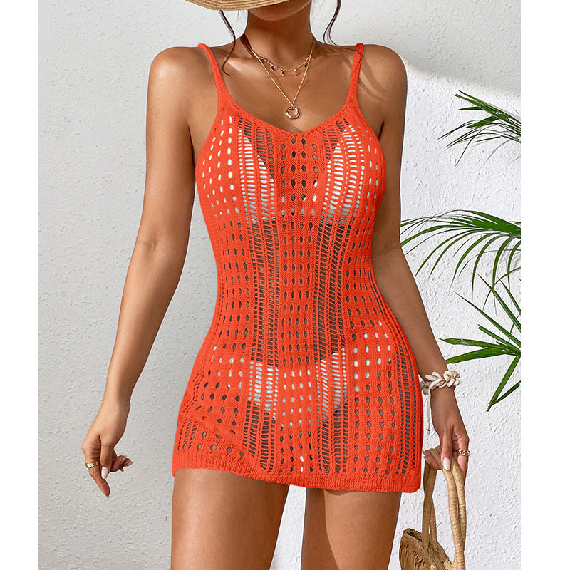 Damen Häkel-Strandkleid mit transparentem Design und eleganten Details EB