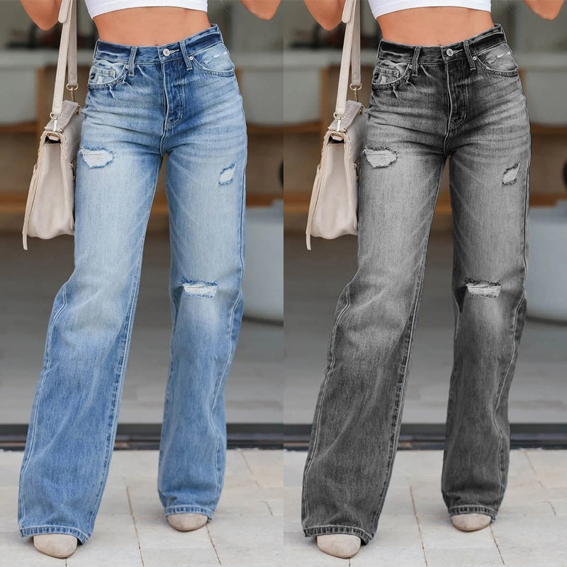 Damen Weit geschnittene High-Waist Jeans mit modischen Destroyed-Details EB