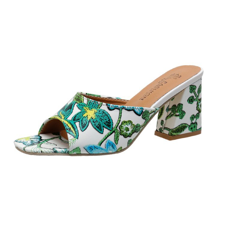 Damen Slip-On Mules mit floralem Allover-Print, mittelhohem Blockabsatz und gepolstertem Komfortfußbett EB