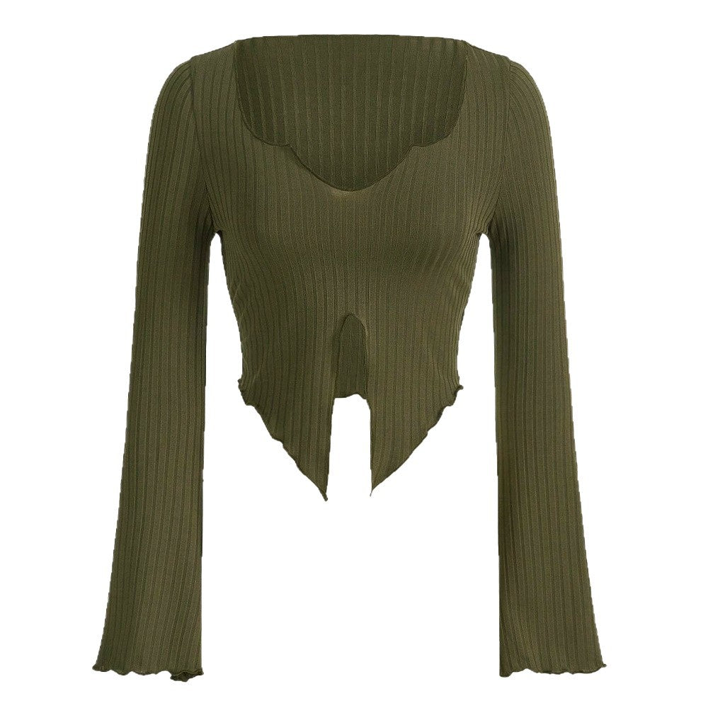Damen fein geripptes Cropped-Longsleeve mit asymmetrischem Wellensaum und Cut-Out Eichborn Berlin