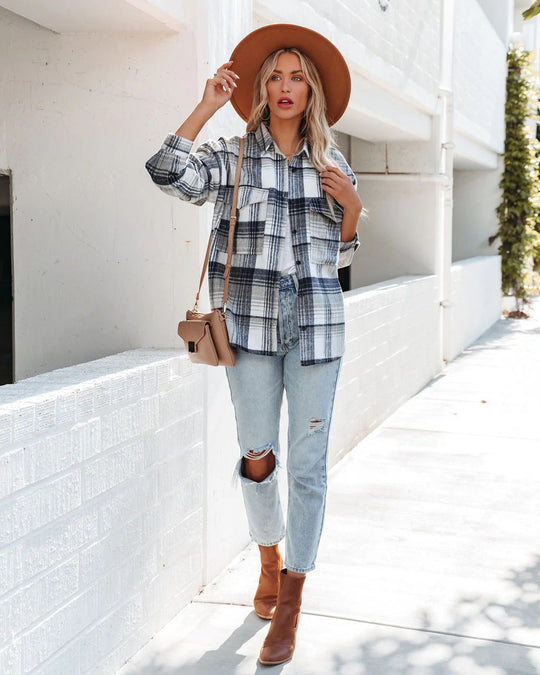 Damen Plaid Oversized Hemdjacke mit zwei Taschen und lässigem Schnitt EB