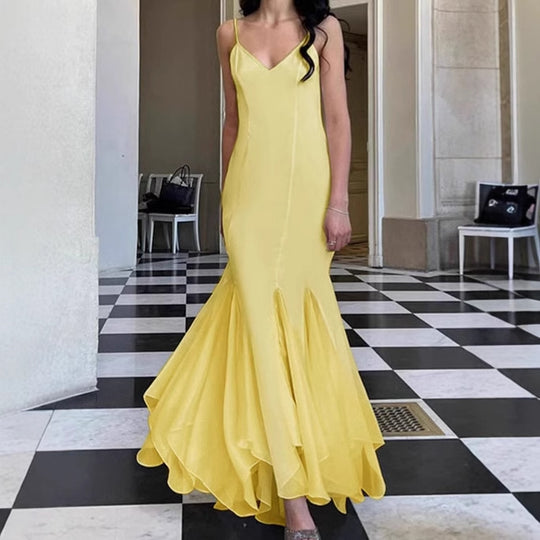 Damen Elegantes Maxikleid mit tiefem V-Ausschnitt und Schlitz EB