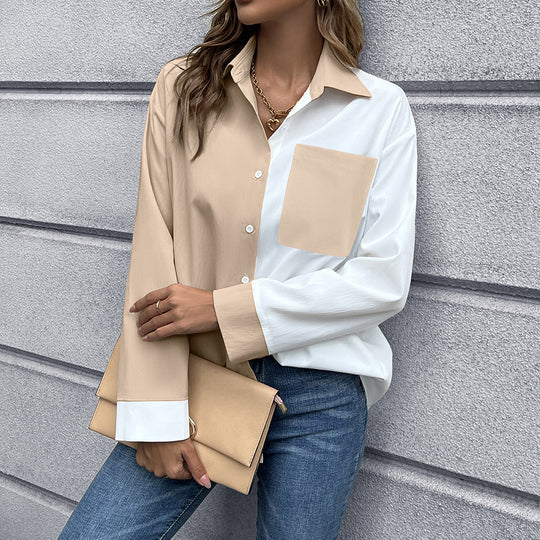 Damen Elegante Oversized Bluse mit Kontrastpaten EB
