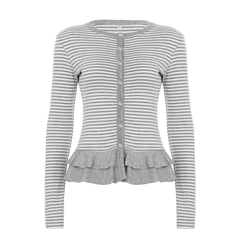 Damen nan feiner Kurzcardigan mit Knopfleiste, Spitzenkragen und welligem Saum EB