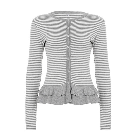 Damen nan feiner Kurzcardigan mit Knopfleiste, Spitzenkragen und welligem Saum EB