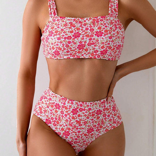 EB | Damen Hoch Tailliertes Bikini-Set mit Floralen Mustern und Breiten Trägern