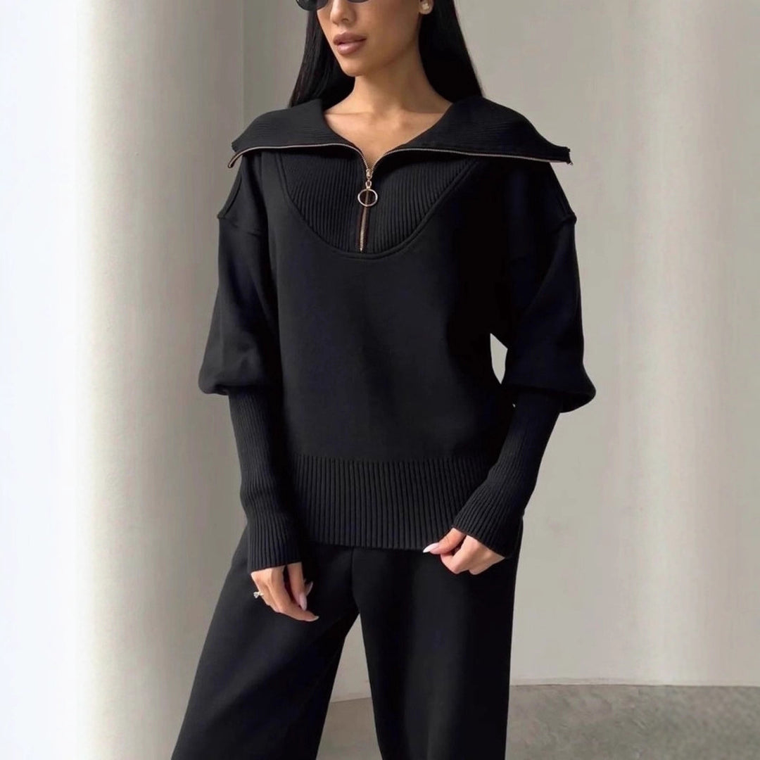 Damen sportliches Set aus weichem Fleece mit Stehkragen und elastischem Bund EB
