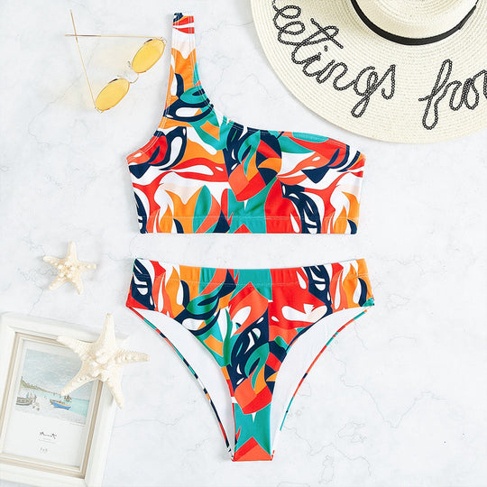 Damen Einseitiger Bikini mit geometrischem Muster und hoch geschnittenem Slip EB