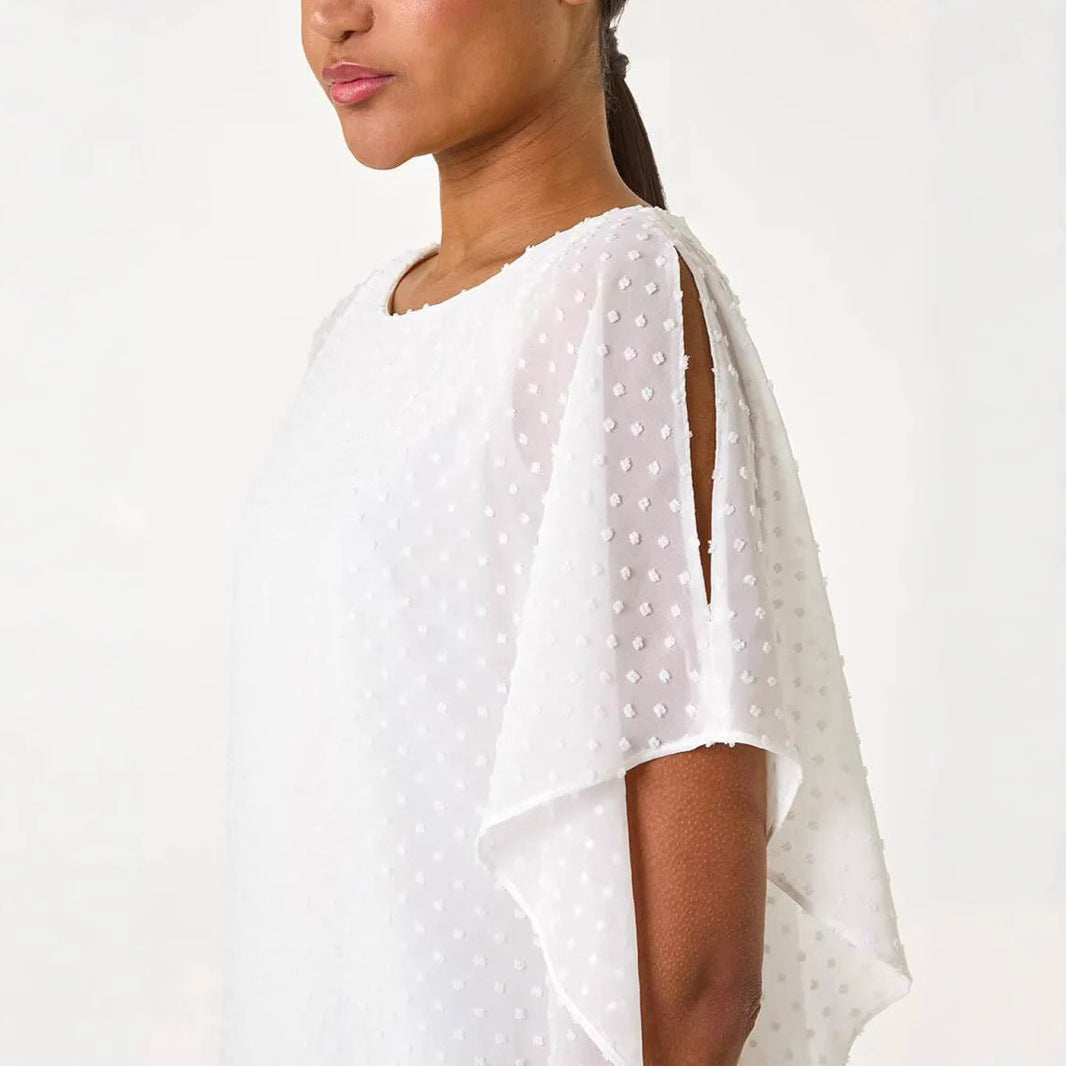 Damen leichtes Chiffon-Überwurfshirt mit Pünktchen und Fledermausärmeln EB