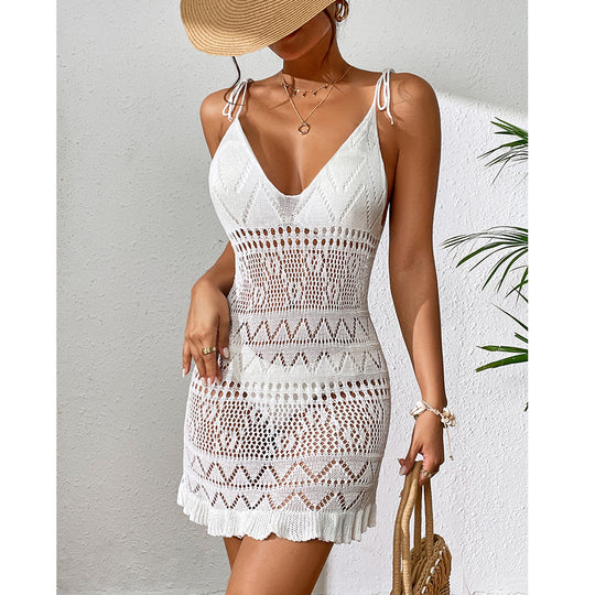Damen Häkel-Strandkleid mit verstellbaren Trägern und Rüschensaum EB