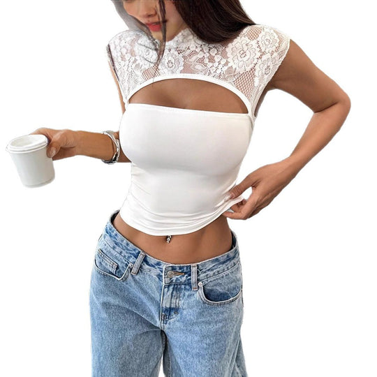Damen Spitzen-Crop-Top mit einzigartigem Ausschnitt und eleganter Verarbeitung EB