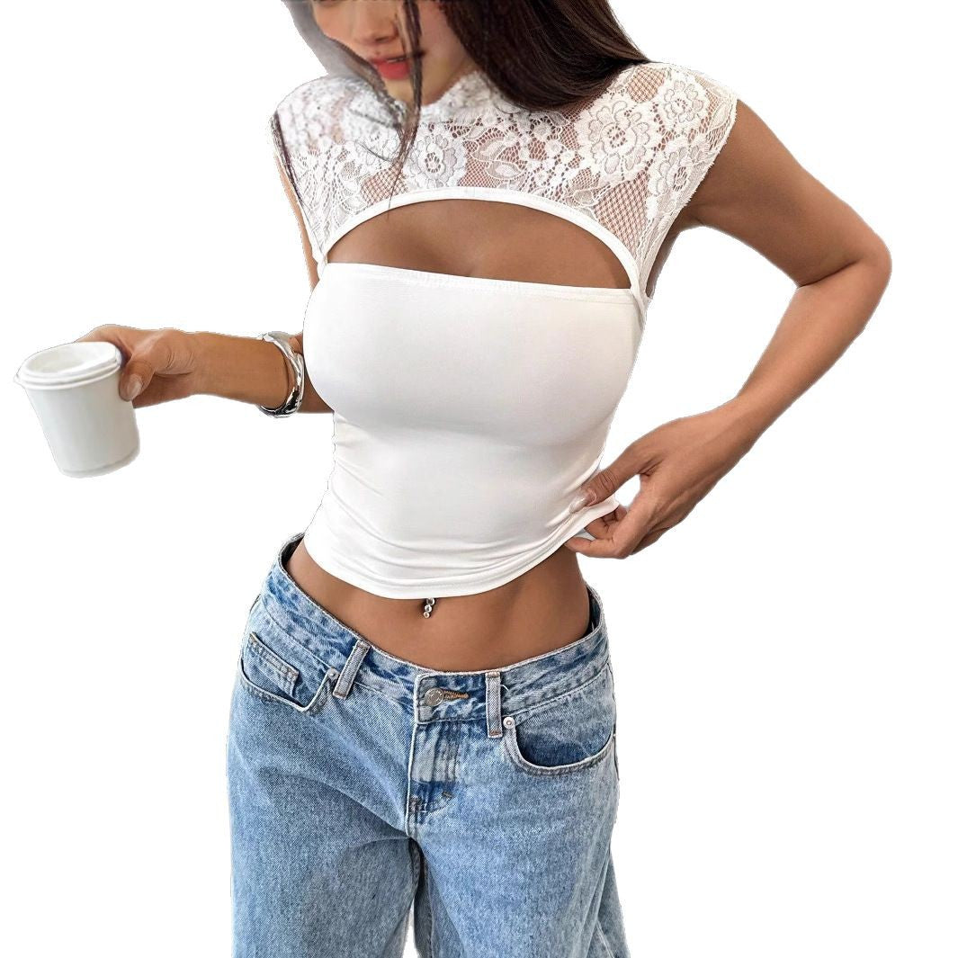 Damen nan figurbetontes bauchfreies Top mit floraler Spitzen-Schulterpartie, Stehkragen und Brustöffnung EB