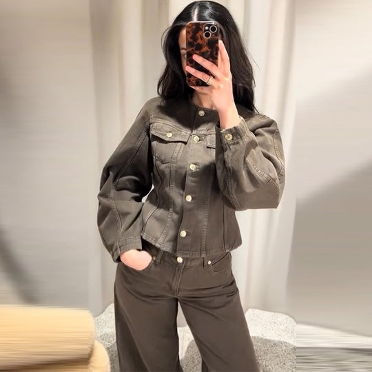 Damen Trendige Baumwolljacke im Vintage-Stil mit praktischen Taschen EB