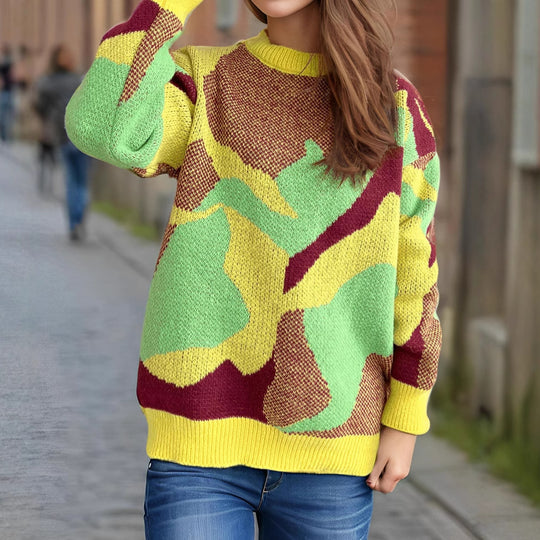 Damen gemütlicher Strickpullover mit modernem Farbblockdesign EB