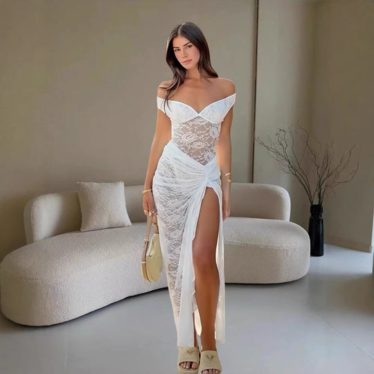 Damen Elegantes Spitzenkleid im Bodycon-Stil mit Off-Shoulder Ausschnitt EB