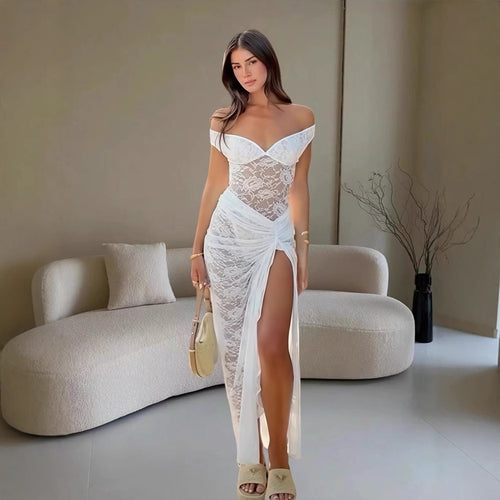 Damen Elegantes Spitzenkleid im Bodycon-Stil mit Off-Shoulder Ausschnitt EB