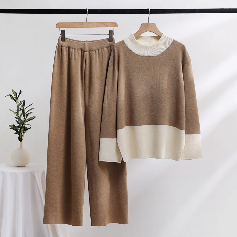 Damen elegantes Strick-Loungewear-Set mit weitem Bund und dekorativem Kragen EB