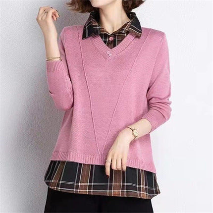 Damen Layered Strickpullover mit V-Ausschnitt und trendy Hemdbluse EB