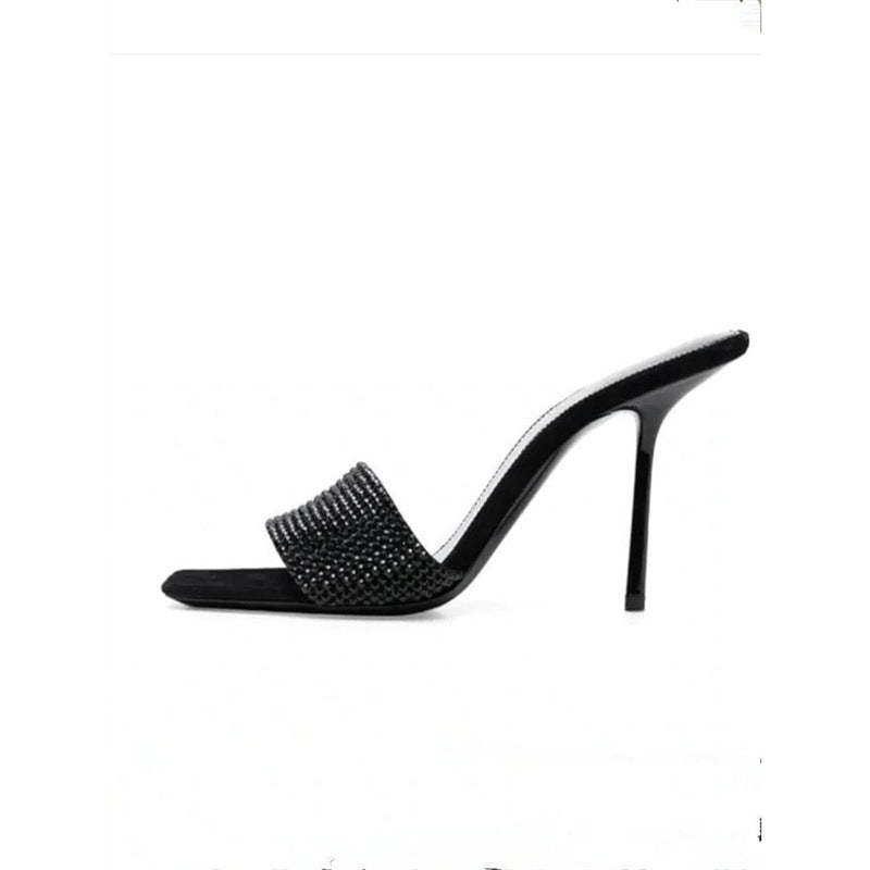 Damen elegante High Heel Mules mit funkelnden Strassakzenten EB