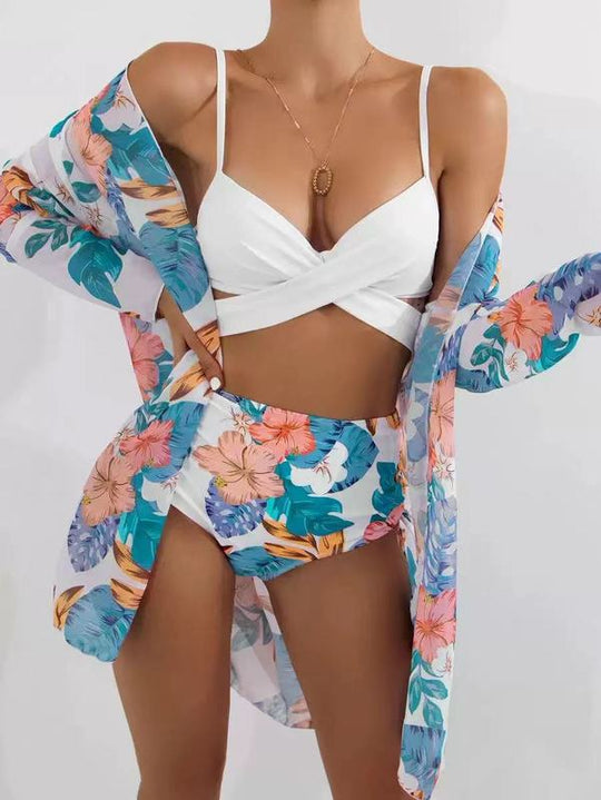 Damen Bikiniset mit floralem Kimono und hoch geschnittenem Oberteil EB