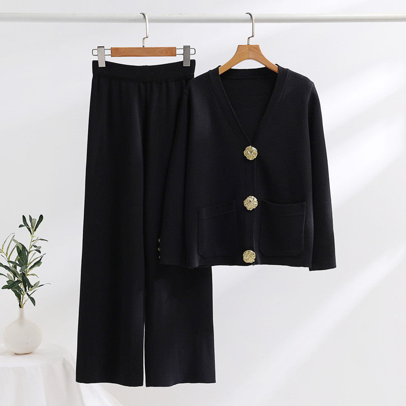 Damen elegantes Strick-Loungewear-Set mit weiten Bein und schönen Knöpfen EB